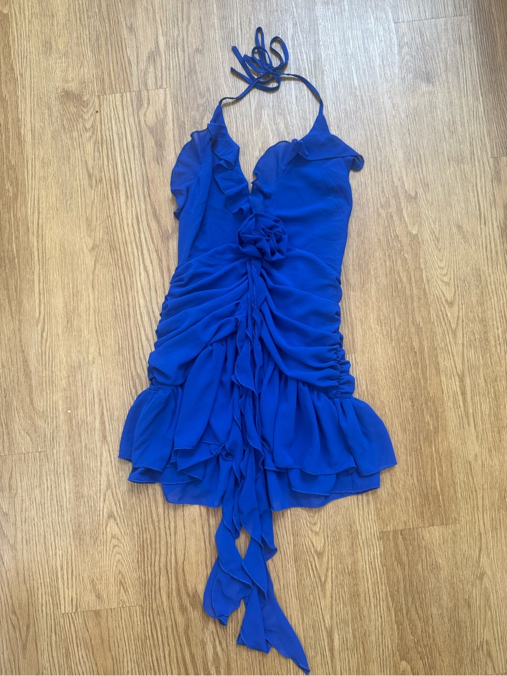 Royal Blue Ruffled Mini Dress - Halter Style - Picture 3 of 6